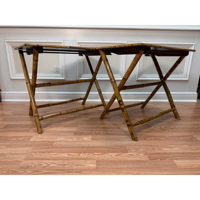 Vintage Chic Bamboo Folding Tray Tables With Painted Monkey Motif - Pair For Sale In West Palm - Image 6 of 8