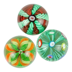 Vintage Murano Fratelli Toso Green Orange Millefiori Flower Italian Art Glass Paperweights - Set of 3