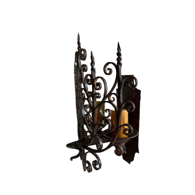 American Rare Pair of Antique Wrought Iron Wall Sconces Curca 1920’s For Sale - Image 3 of 5