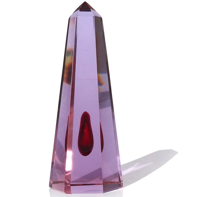 Beautiful vintage Murano hand blown Sommerso amethyst purple with red core Italian art glass obelisk paperweight...