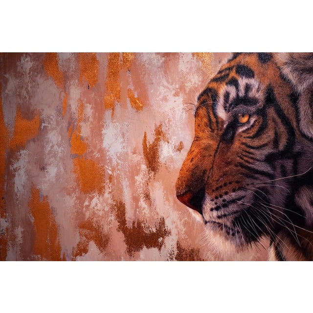 This artwork features a striking tiger rendered with meticulous detail, capturing the animal's intense gaze and regal...