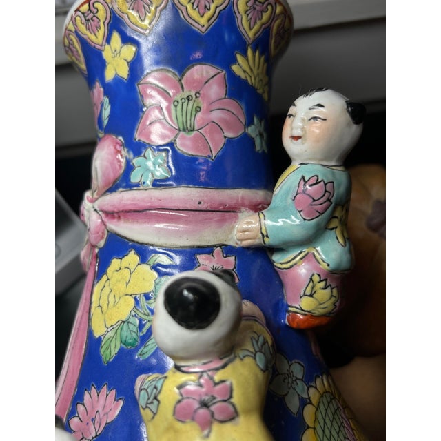 Cobalt Blue Famille Rose Seven Boys Porcelain Vase For Sale - Image 10 of 10