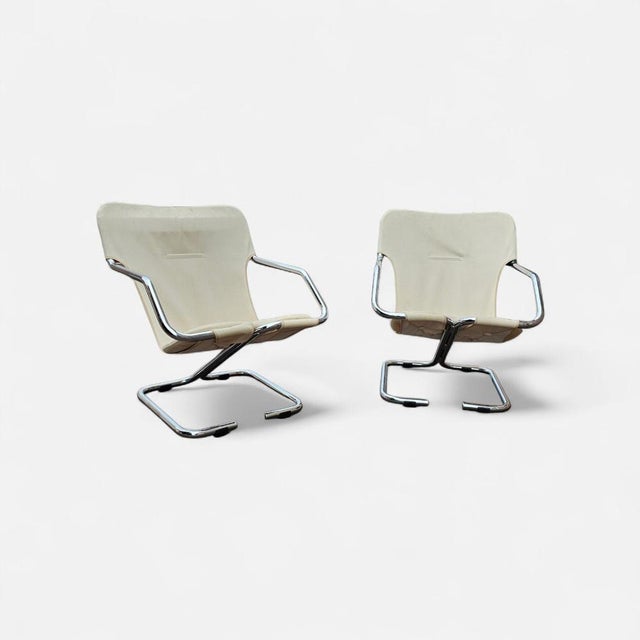 Tubular Chrome Cantilever Chairs with Cream Canvas Slings, Set of 2 For Sale - Image 11 of 11