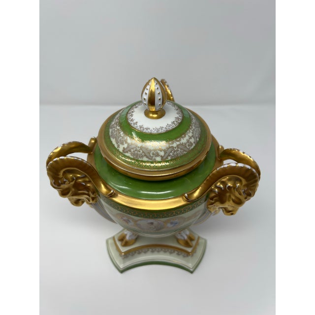 Antique Royal Bavaria “Louis Seize” Hand-Painted Portrait Urn With Ram Head Handles, Circa 1900 For Sale - Image 9 of 12