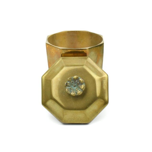 Mid 20th Century Heavy Solid Gold Brass Octagonal Shape Lidded Box Canister With Flower Finial Turkey For Sale - Image 4 of 7