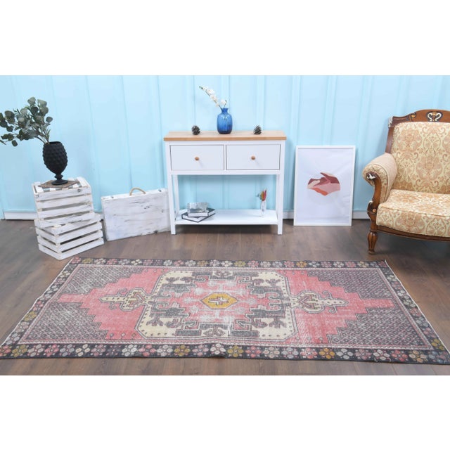 Abstract Vintage Turkish Oushak Handmade Wool Cotton Pink Area Rug For Sale - Image 3 of 10