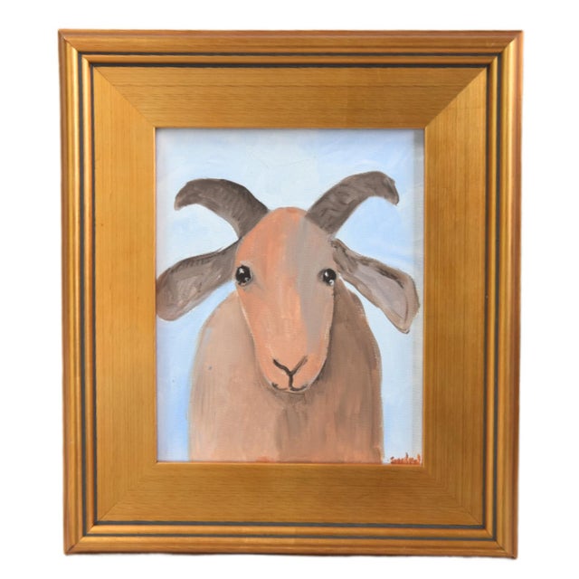 2020s Folk Art Billy Nanny Goat Portrait Painting Including the Antiqued Gold Wood Frame For Sale - Image 5 of 5