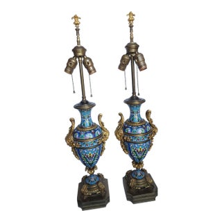 French Gilt Bronze and Champleve Enamel Lamps For Sale