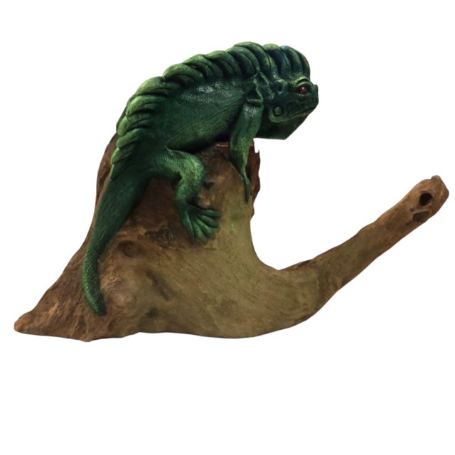 Green Iguana Lizard Sculpture Wood Hand Sculpted Reptile Home Decor Collectible For Sale - Image 10 of 18