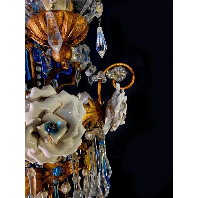 Chandelier with White Roses and Blue Drops, Murano, 1950s For Sale - Image 17 of 18