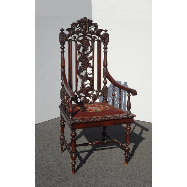 Spanish Vintage Spanish Style Highly Carved Throne Chair Needlepoint Floral Seat ~ Victorian For Sale - Image 3 of 13