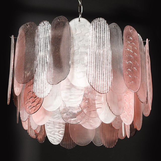 Modernist Round 3-Tier Hand-Blown Murano Glass Chandelier W/ Oval Reeded Shades For Sale - Image 10 of 18
