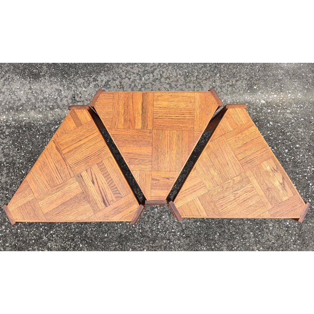 Brown 1970s Vintage Triangular Parquet Stacking Tables, Set of 3 For Sale - Image 8 of 11