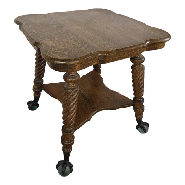 Early 20th Century Tiger Oak Barley Twist Table With Glass Ball & Claw Feet For Sale