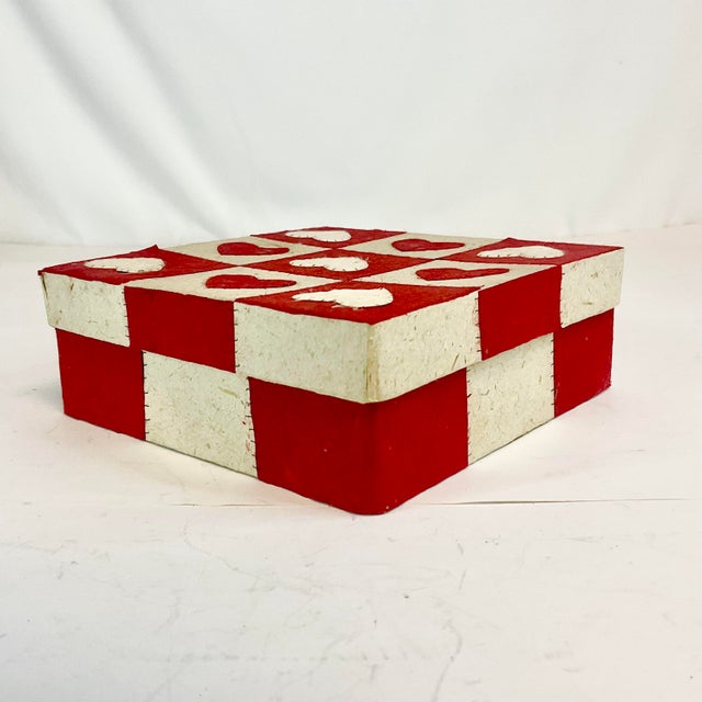 American Vintage Boho Chic Arts & Crafts Valentines Checkered Heart Box For Sale - Image 3 of 8