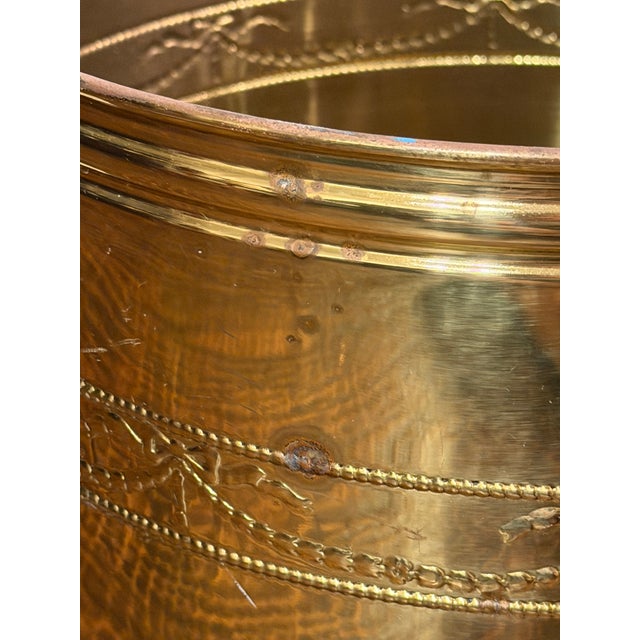 Brass Vintage English Oversized Brass Jardinière Cachepot With Bow & Garland Detail For Sale - Image 8 of 14