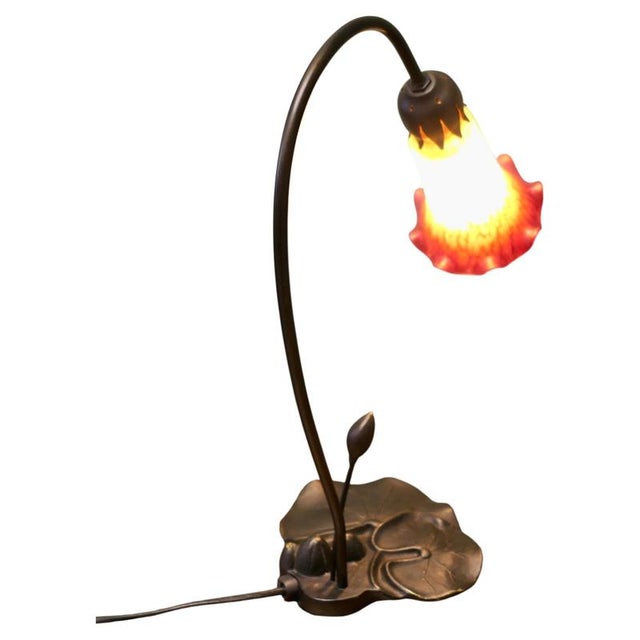 Red French Bronze Lilly Pad Table Lamp with Glass Shade, 1960 For Sale - Image 8 of 8