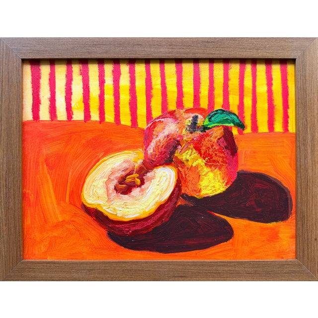This original acrylic and oil pastel painting on paper features a still life of two peaches on a table rendered in a...