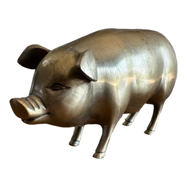 Vintage Solid Brass Pig Bank, 10″ Long, C. 1970s For Sale