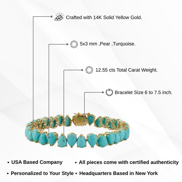 19.77ct Natural Turquoise Pear-Shaped Cabochon Tennis Bracelet 14k Yellow Gold For Sale - Image 12 of 16