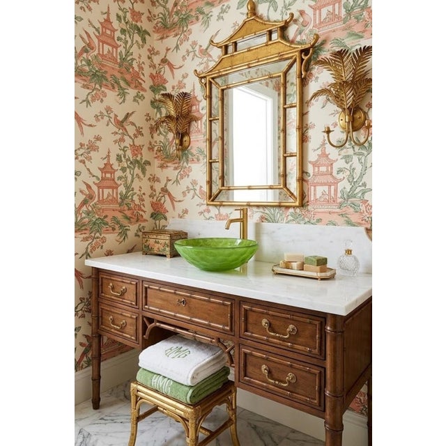 Regency Style Glass Bright Glossy Lime Green Wavy Design Vessel Vanity Bathroom Sink For Sale - Image 11 of 12