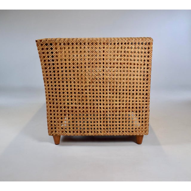 2000 - 2009 Modern Caned Teak Rattan Loveseat in Blue and White Sunbrella Fabric For Sale - Image 5 of 15
