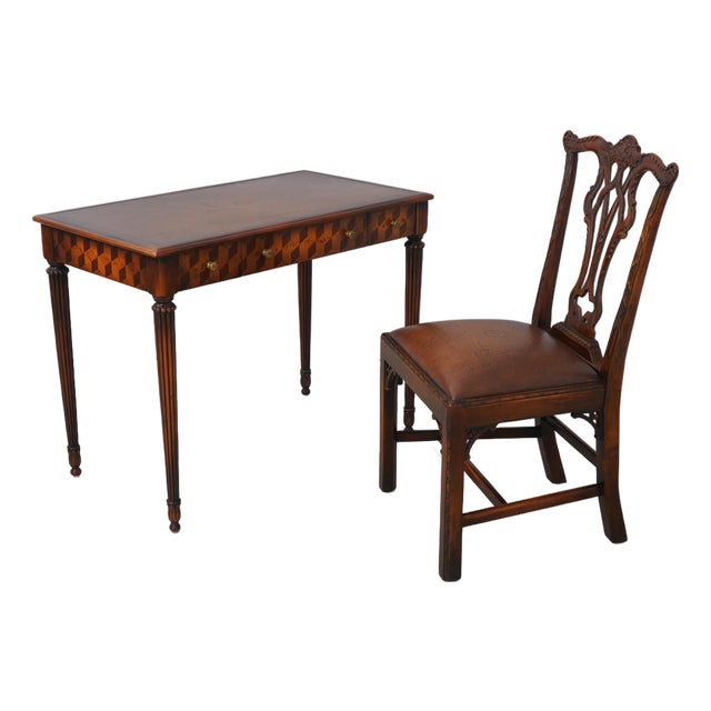 Theodore Alexander Mahogany Leather Desk & Chair For Sale