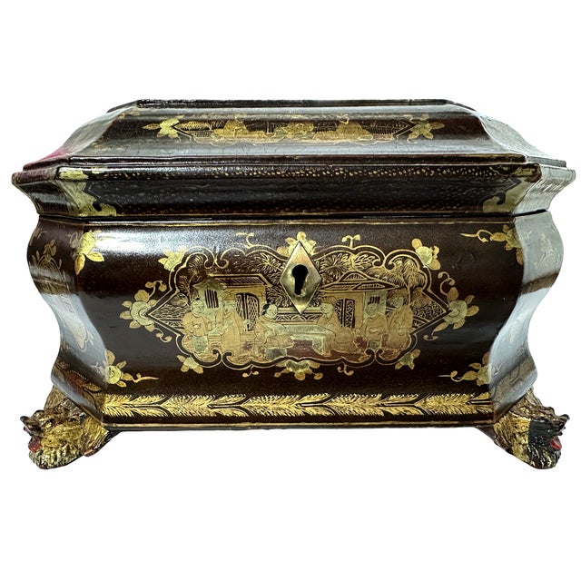 Antique Louis XV Chinese Gilt Lacquerware Tea Caddy Box W/Carved Dragon Feet Gorgeousn mid 19th century antique Chinese...