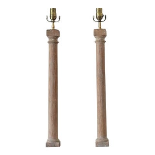 Vintage Traditional Pine Column Lamps, With Acrylic Base & Cotton Double Twist Cords - a Pair For Sale