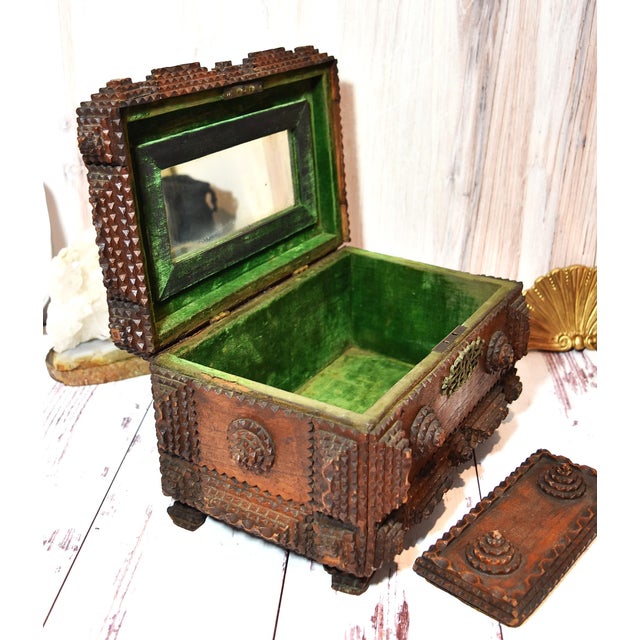 Antique Tramp Art Box With Velvet Interior and Mirror Secret Spot For Sale - Image 18 of 18