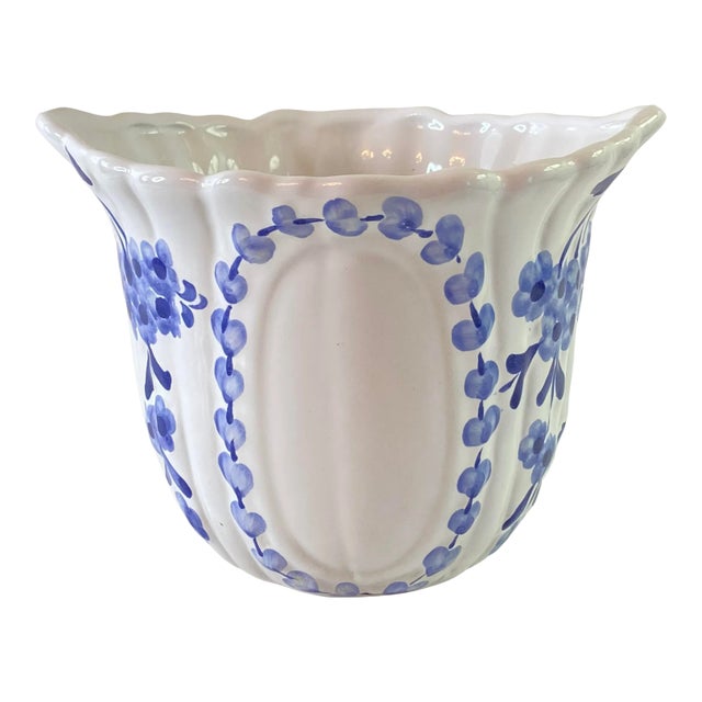 1990s Jay Wilfred for Andrea by Sadek Petite Blue & White Portuguese Fluted Porcelain Cachepot For Sale