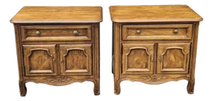 Pair Mid Century Drexel Cabernet Series Provincial Style Oak Bedside Tables
