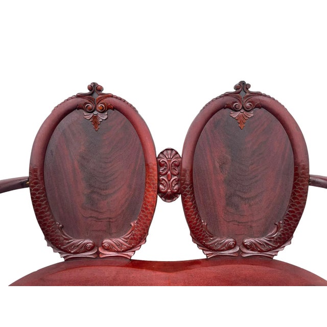 Antique Red Flame Mahogany Hand Carved Fish Scale Settee For Sale - Image 4 of 13
