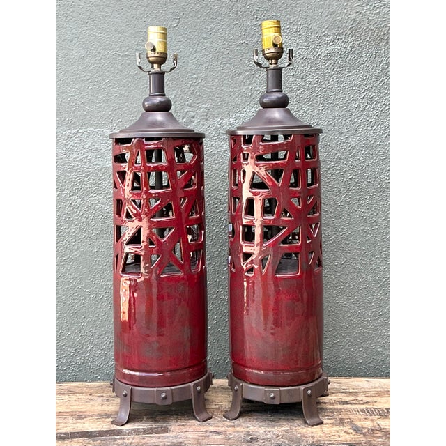 Vintage Glazed Ceramic Table Lamps - A Pair For Sale In West Palm - Image 6 of 12