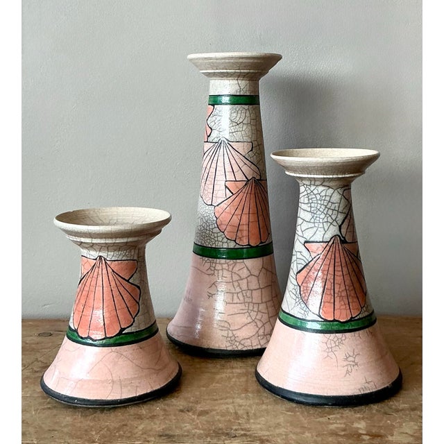 Peach Vintage Boho Clam Shell Candle Holders - Set of Three For Sale - Image 8 of 12
