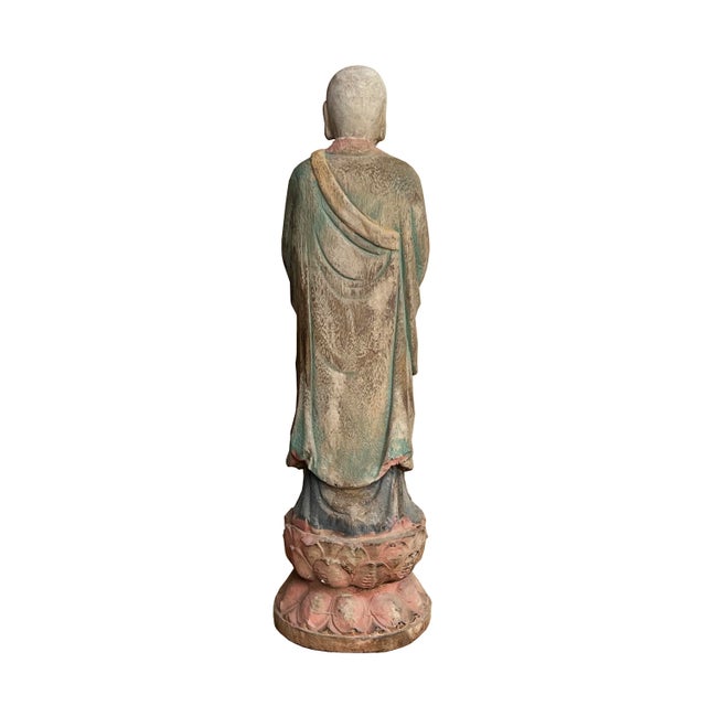 Chinese Rustic Wood Standing Praying Lohon Monk Statue For Sale - Image 4 of 7