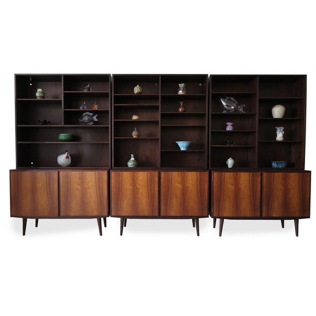 Mid-Century Modern Three Omann Jun Mid 20th Century Danish Cabinets With Bookcase Hutches, Wallunit, Attributed For Sale - Image 3 of 11