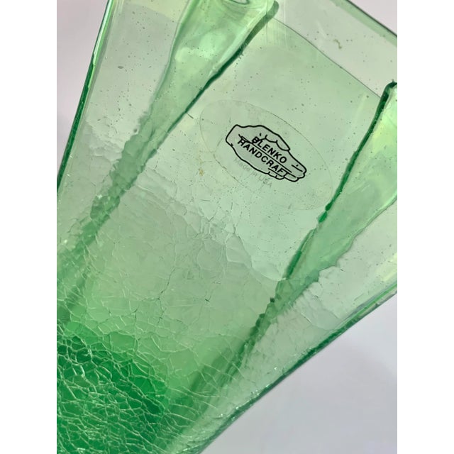 Green 2009 Blenko Antique Green Paper Bag Blown Art Crackle Glass Vase Mid-Century Modern Style For Sale - Image 8 of 12