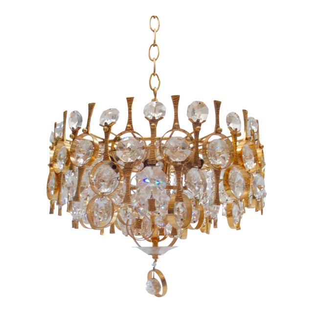 Vintage C.1960's-70's Geatano Sciolari(Designer) for Palwa(Manufacture) Chrystal, Gilt Gold & Brass Chandelier - 16"Dia. For Sale