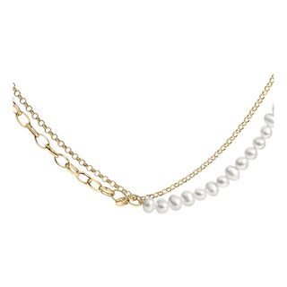 18K Yellow Gold Vermeil Cultured Pearl Strand Necklace with Rolo and Paperclip Chain For Sale