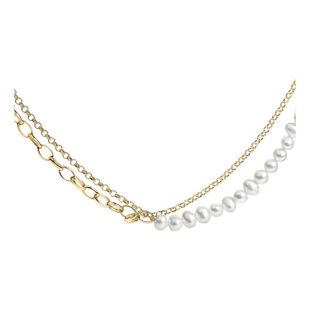 18K Yellow Gold Vermeil Cultured Pearl Strand Necklace with Rolo and Paperclip Chain For Sale