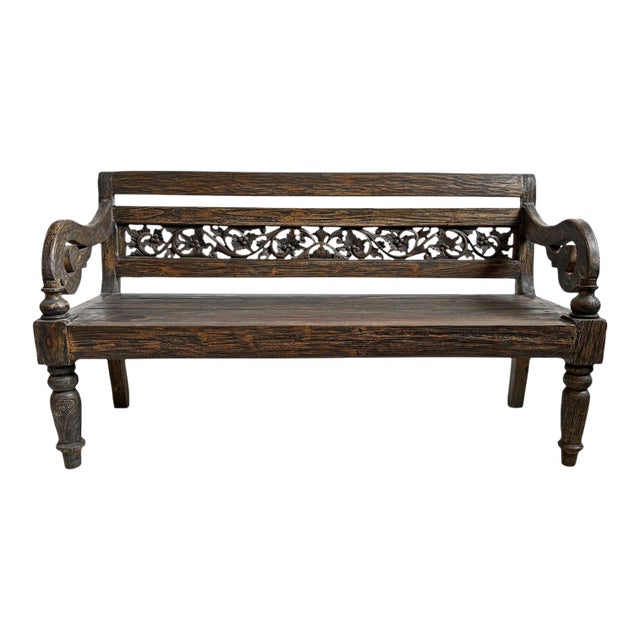 Vintage Carved Blackened Boho Balinese Bench For Sale