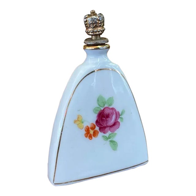 Vintage 1970s German Perfume Bottle With Crown Top and Floral Motif For Sale