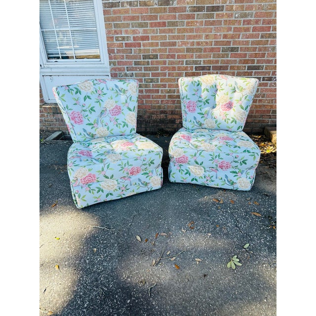Newly Reupholstered Pair of Slipper Chairs A delightful pair of vintage slipper chairs, freshly reupholstered in a...