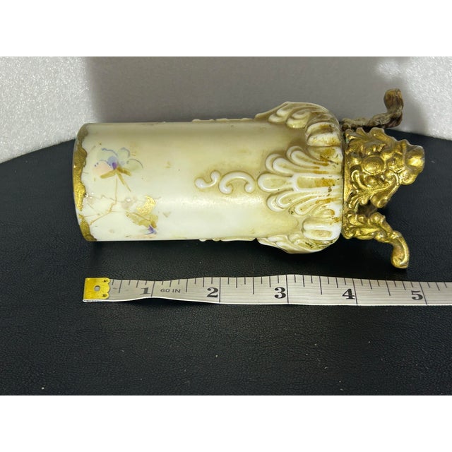 S. Monroe Fine Antique c.f. Monroe Wave Crest "Opal Ware" Hand-Painted Cylinder Vase in Ornate Gilt Ormolu Mount For Sale - Image 4 of 7