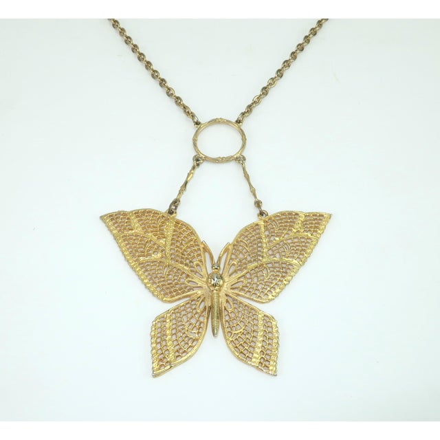 1960s Mode-Art Gold Tone Filigree Butterfly Necklace, 1960's For Sale - Image 5 of 12