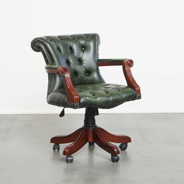 English Green Cowhide Chesterfield Desk Chair on Wheels For Sale - Image 15 of 15