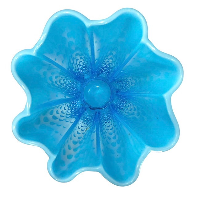 1940s Vintage Fenton Art Glass Blue Opalescent Ruffled Vase For Sale - Image 5 of 7