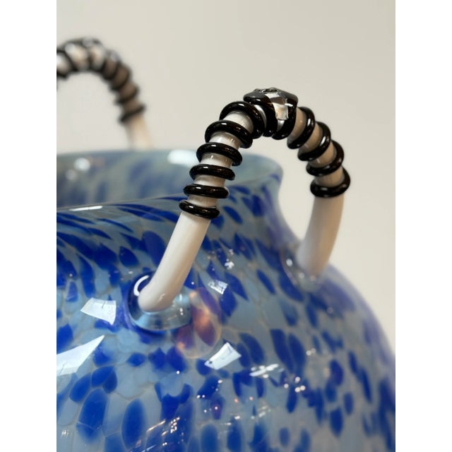 Circa 2000 Michael Fod Speckled Blue With White & Black Handles Vessel, Signed For Sale - Image 11 of 12
