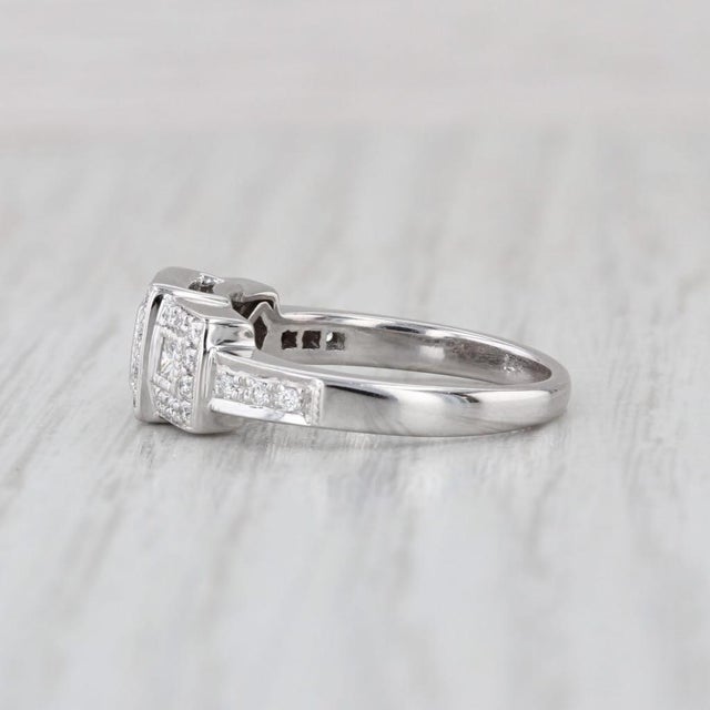 Modern 0.52ctw Diamond Engagement Ring 14k White Gold Size 5.5 3-Stone Halos For Sale - Image 3 of 8